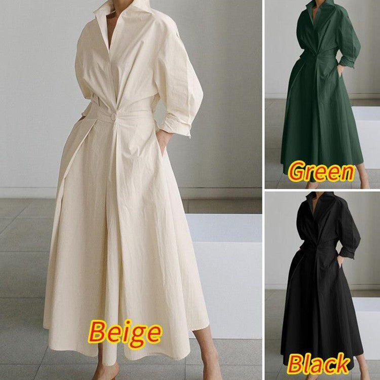 Women's Plain Cotton Lapel Shirt Wrap Dress