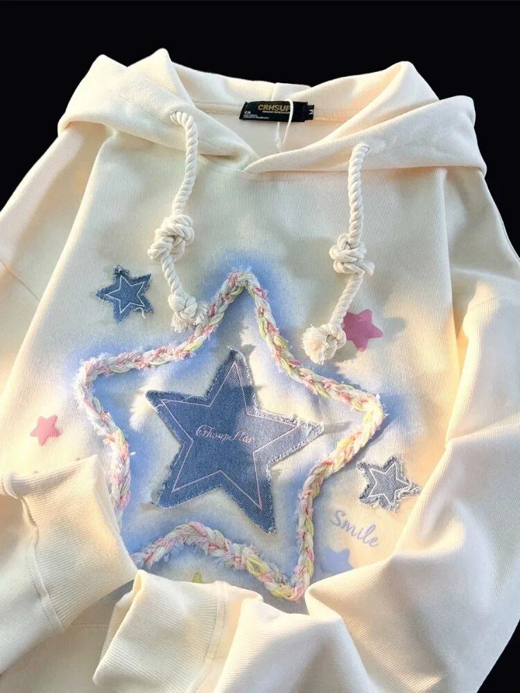 Womens Oversized Hoodies Denim Star Applique Embroidery Hoodie Streetwear Unisex Sweatshirts Pullover with Pocket - Eternelle.shop