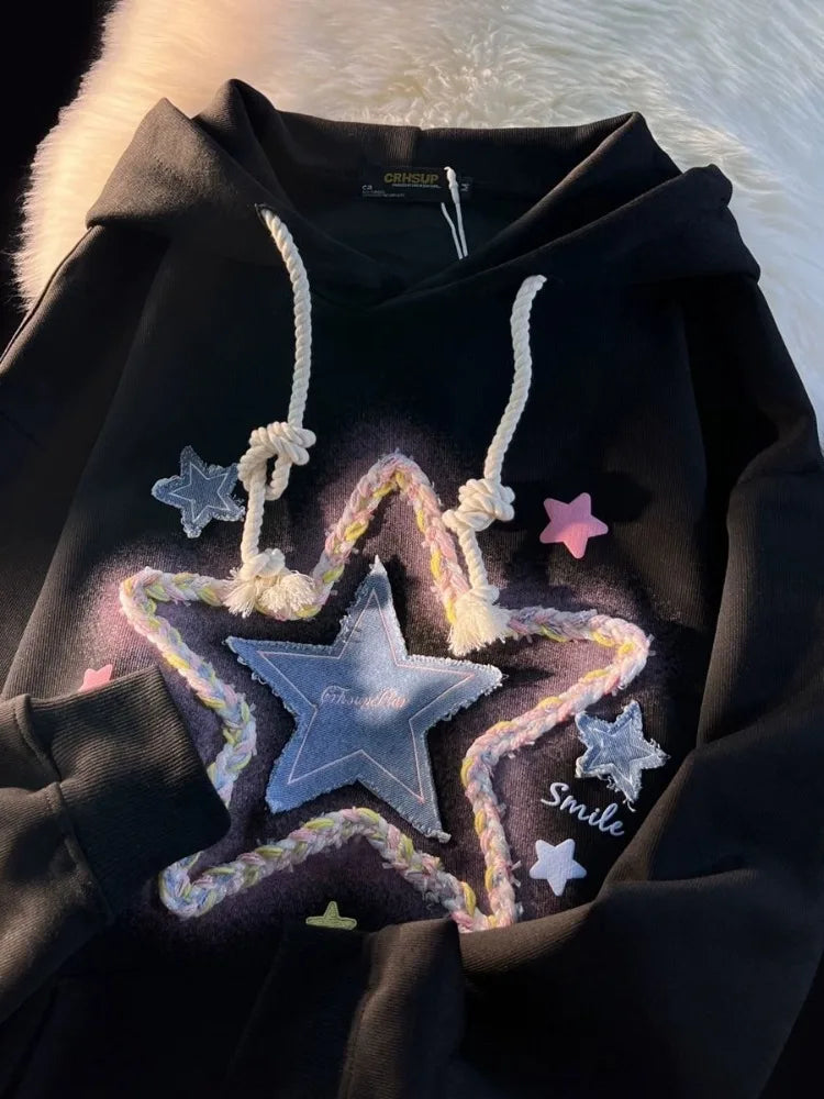 Womens Oversized Hoodies Denim Star Applique Embroidery Hoodie Streetwear Unisex Sweatshirts Pullover with Pocket - Eternelle.shop