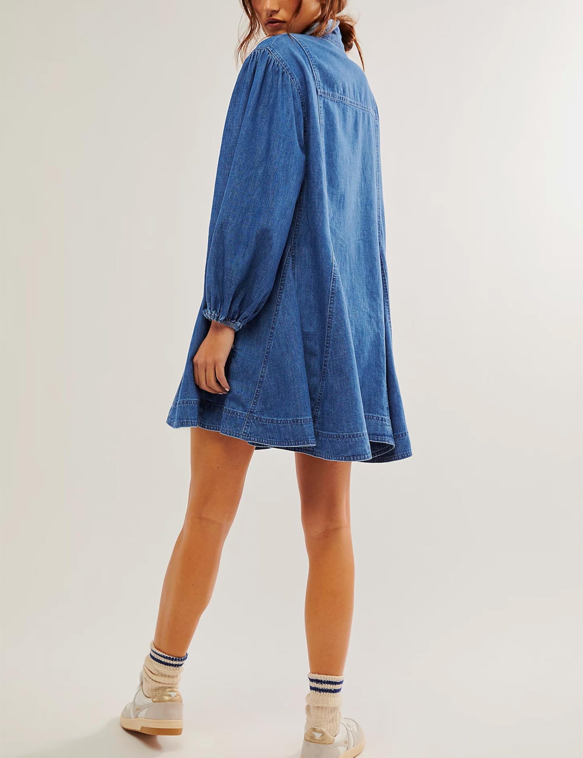 Women's Denim Dresses Long Balloon Sleeve Button Hem A-Line Ruffle Denim Mini Doll Dresses - Eternelle.shop