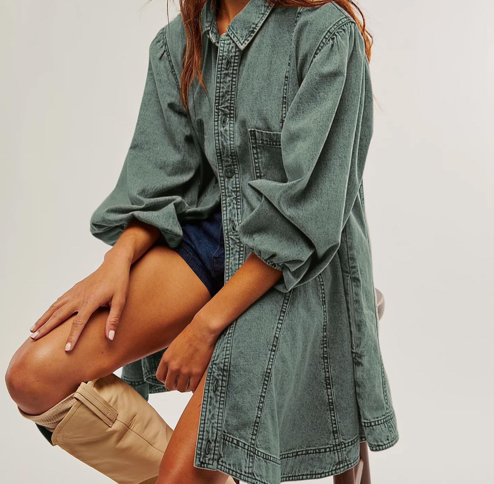 Women's Denim Dresses Long Balloon Sleeve Button Hem A-Line Ruffle Denim Mini Doll Dresses - Eternelle.shop