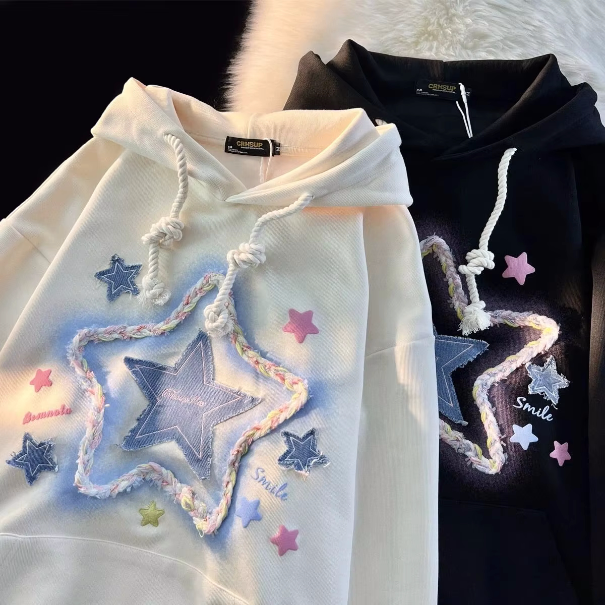 Womens Oversized Hoodies Denim Star Applique Embroidery Hoodie Streetwear Unisex Sweatshirts Pullover with Pocket - Eternelle.shop