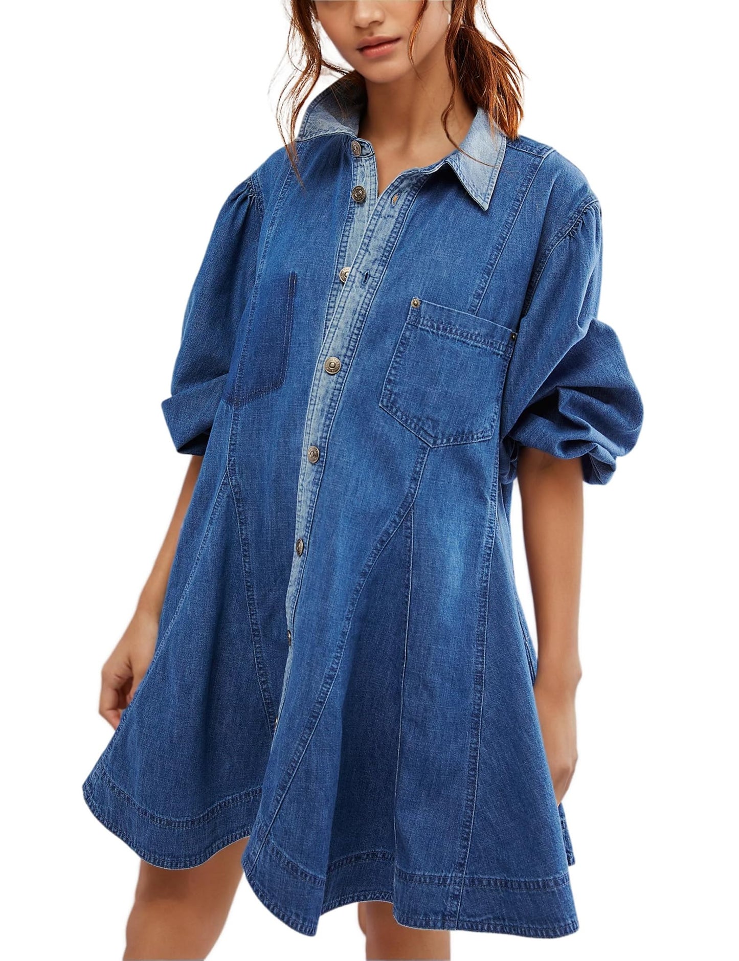 Women's Denim Dresses Long Balloon Sleeve Button Hem A-Line Ruffle Denim Mini Doll Dresses - Eternelle.shop