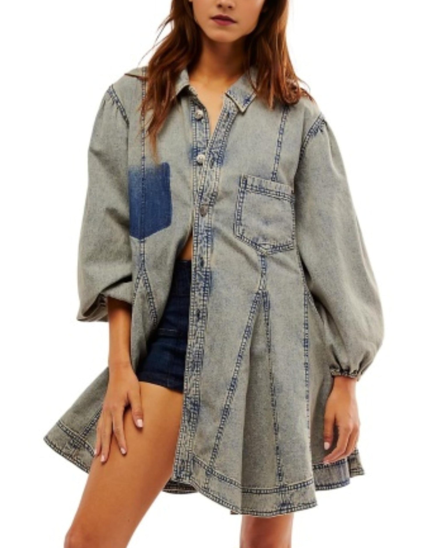 Women's Denim Dresses Long Balloon Sleeve Button Hem A-Line Ruffle Denim Mini Doll Dresses - Eternelle.shop