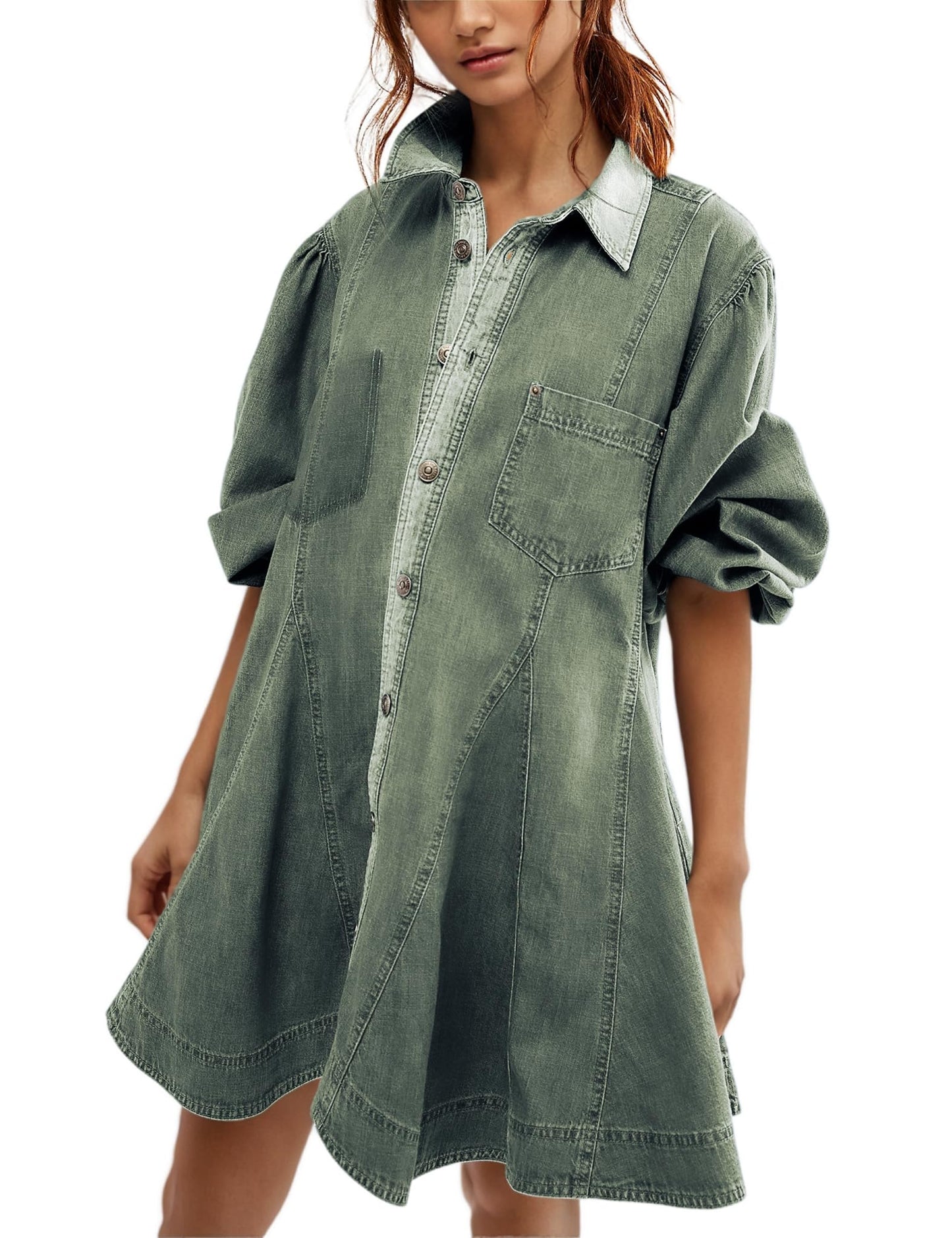 Women's Denim Dresses Long Balloon Sleeve Button Hem A-Line Ruffle Denim Mini Doll Dresses - Eternelle.shop