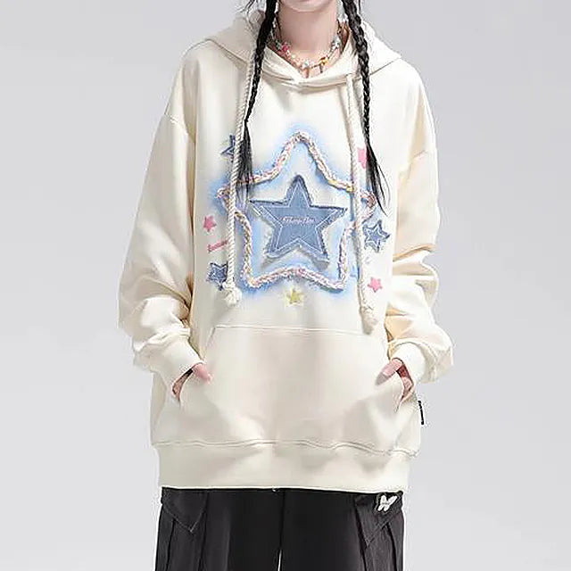 Womens Oversized Hoodies Denim Star Applique Embroidery Hoodie Streetwear Unisex Sweatshirts Pullover with Pocket - Eternelle.shop