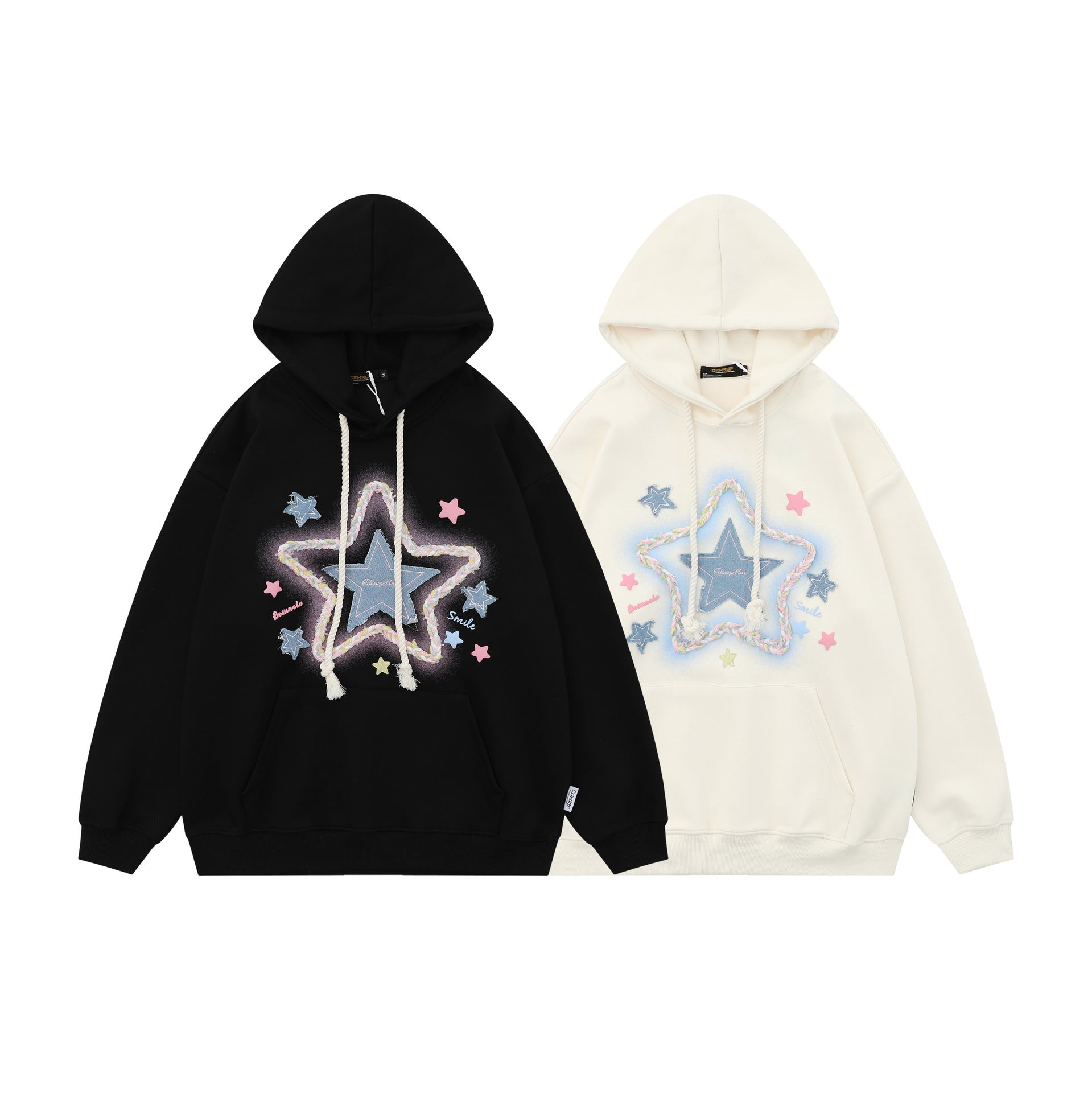 Womens Oversized Hoodies Denim Star Applique Embroidery Hoodie Streetwear Unisex Sweatshirts Pullover with Pocket - Eternelle.shop