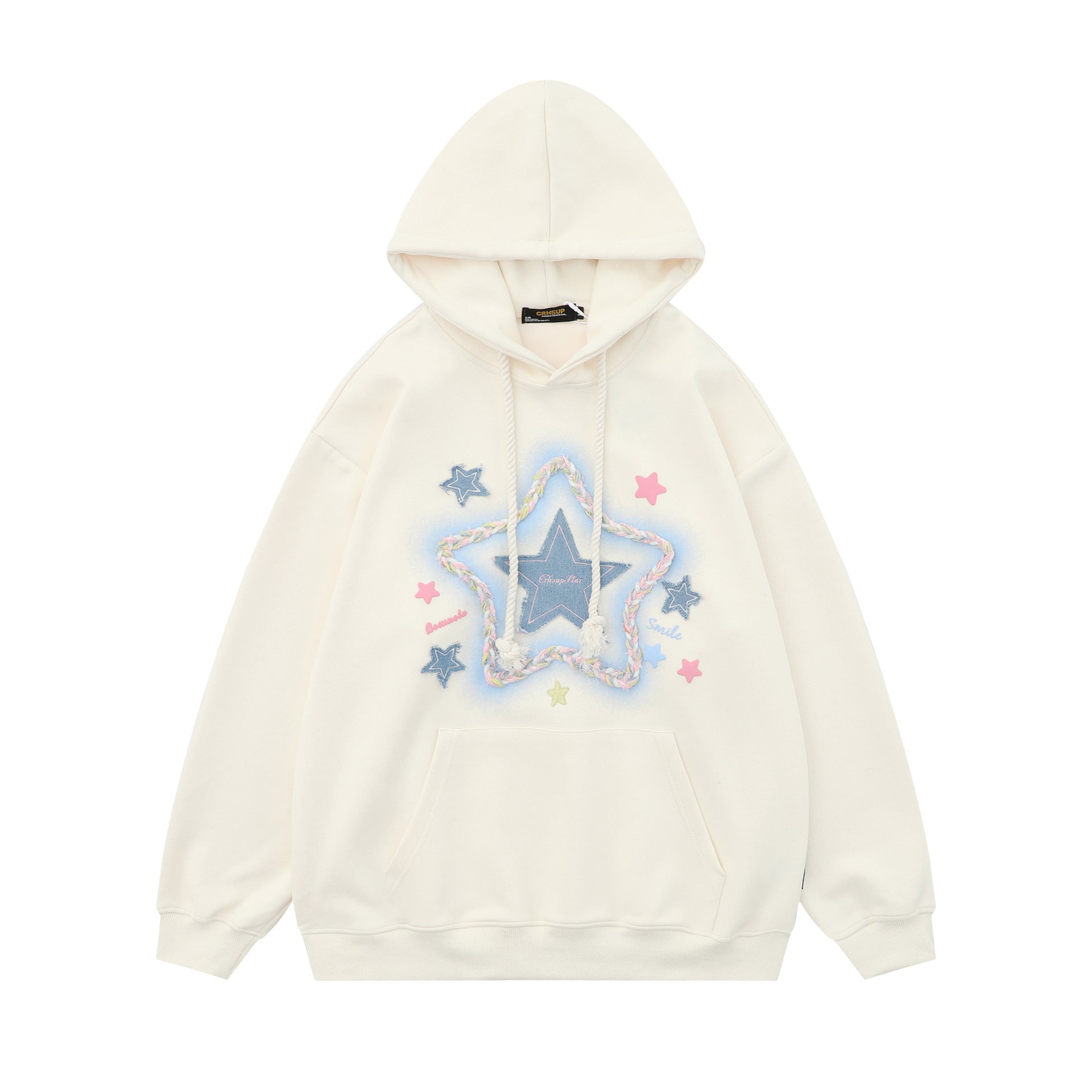 Womens Oversized Hoodies Denim Star Applique Embroidery Hoodie Streetwear Unisex Sweatshirts Pullover with Pocket - Eternelle.shop