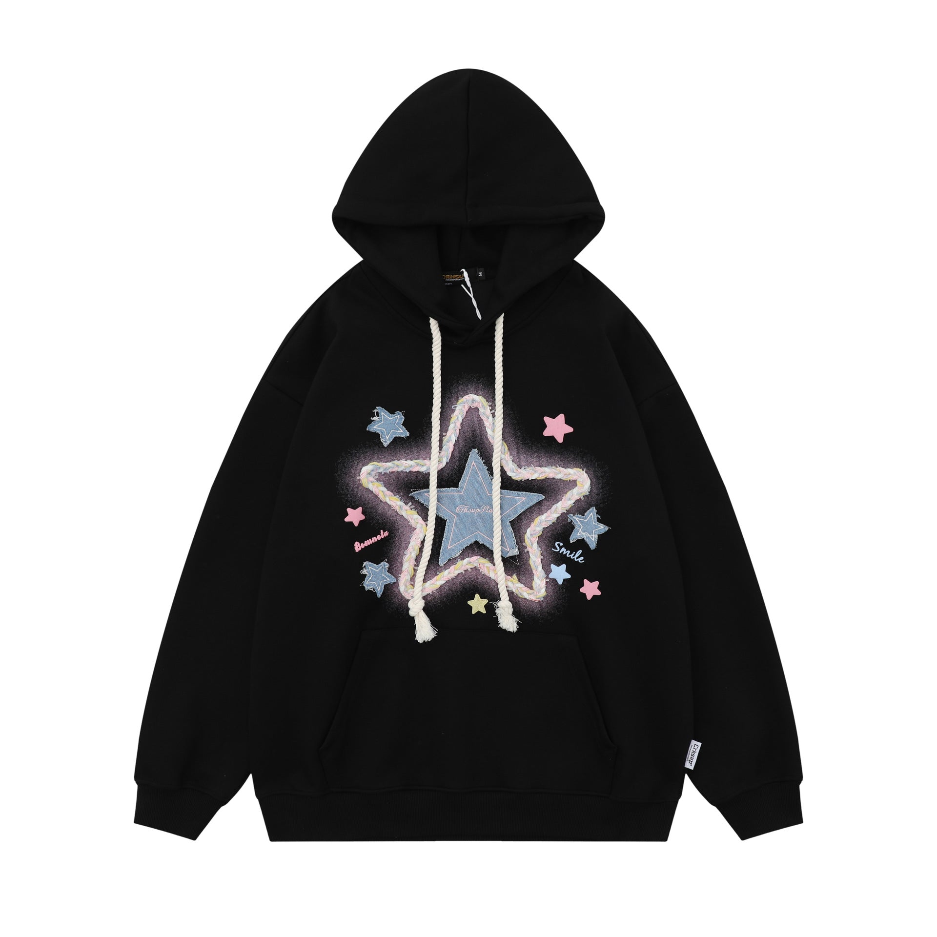 Womens Oversized Hoodies Denim Star Applique Embroidery Hoodie Streetwear Unisex Sweatshirts Pullover with Pocket - Eternelle.shop