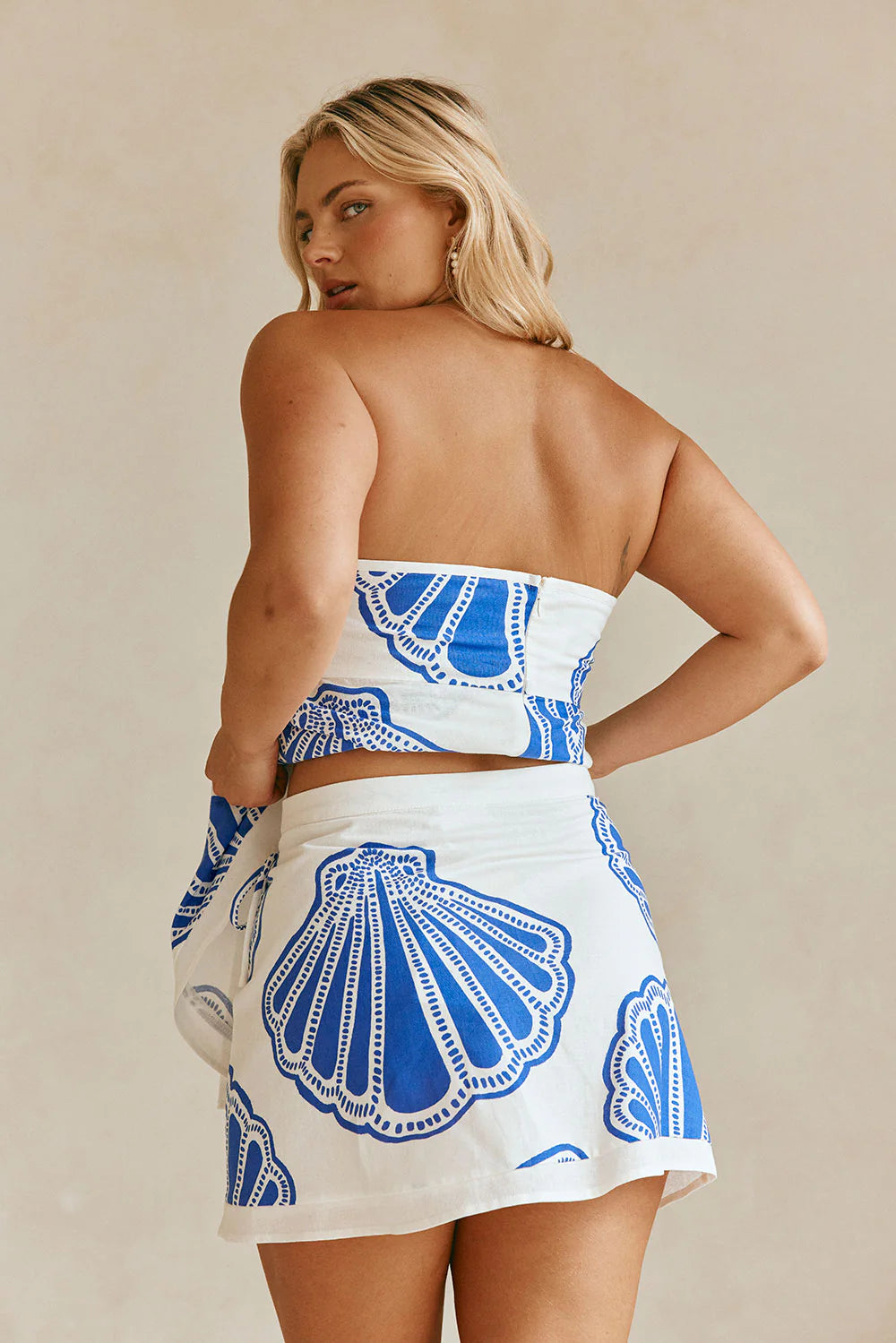 Seashell Print Strapless Ruffle Tube Top and Wrap Mini Skort Set