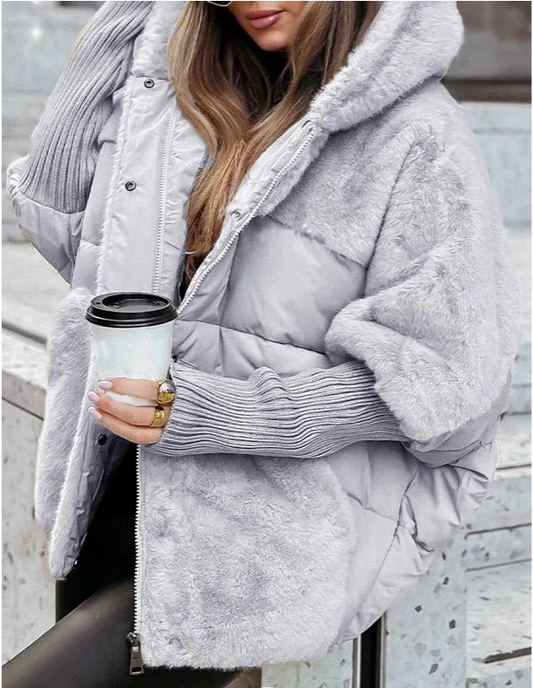 Woman Casual Hooded Plush Patchwork Warm Jacket