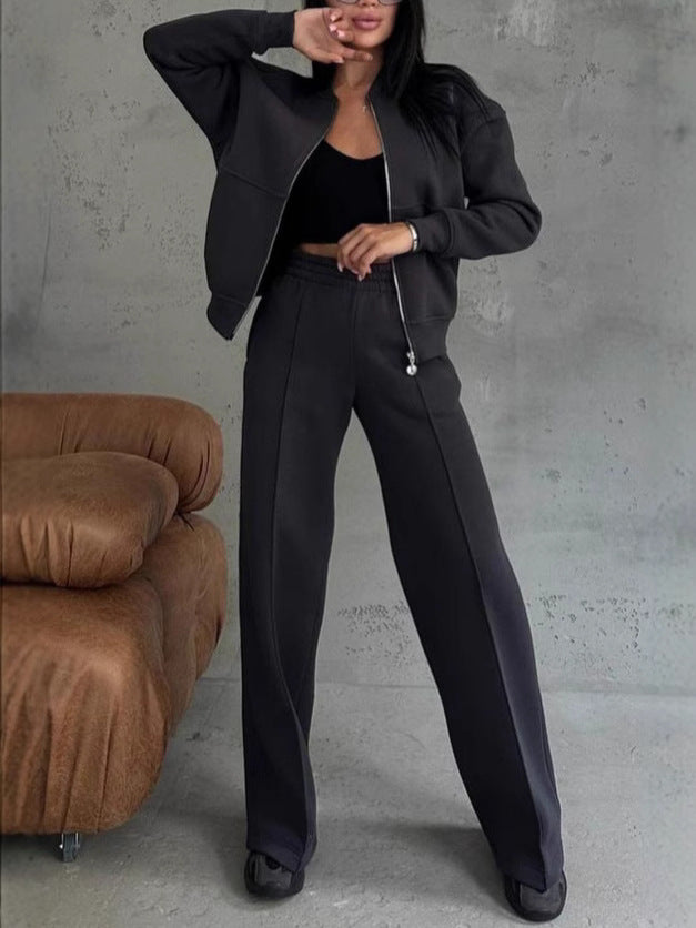 Women's Two-Piece Relaxed Fit Set - Zippered Jacket and Wide-Leg Pants