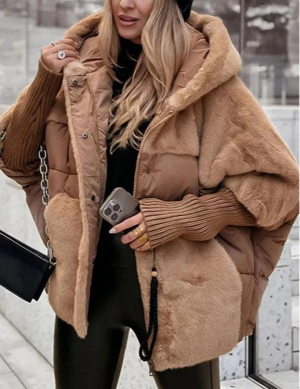 Woman Casual Hooded Plush Patchwork Warm Jacket