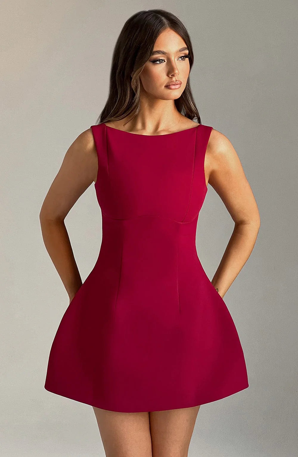 Neck Scoop Back Bubble-shaped Mini Dress