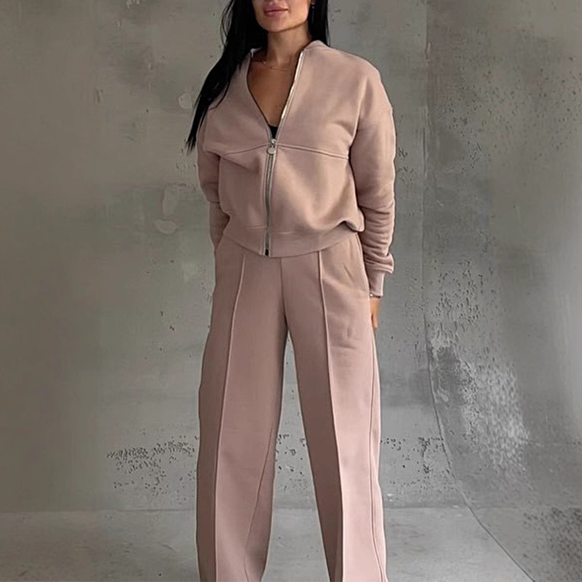 Women's Two-Piece Relaxed Fit Set - Zippered Jacket and Wide-Leg Pants